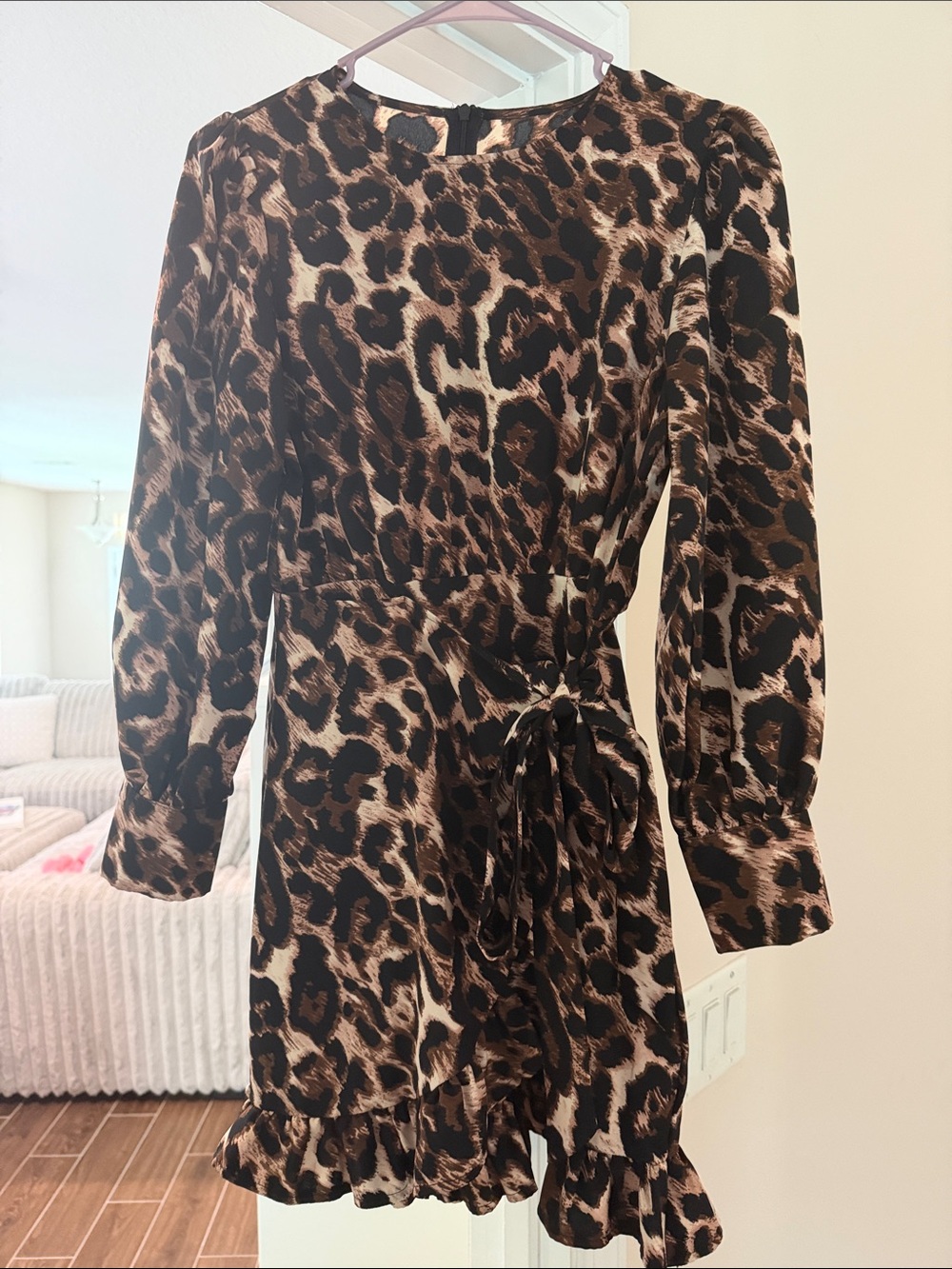 Tie-Waist Leopard Print Dress in Brown